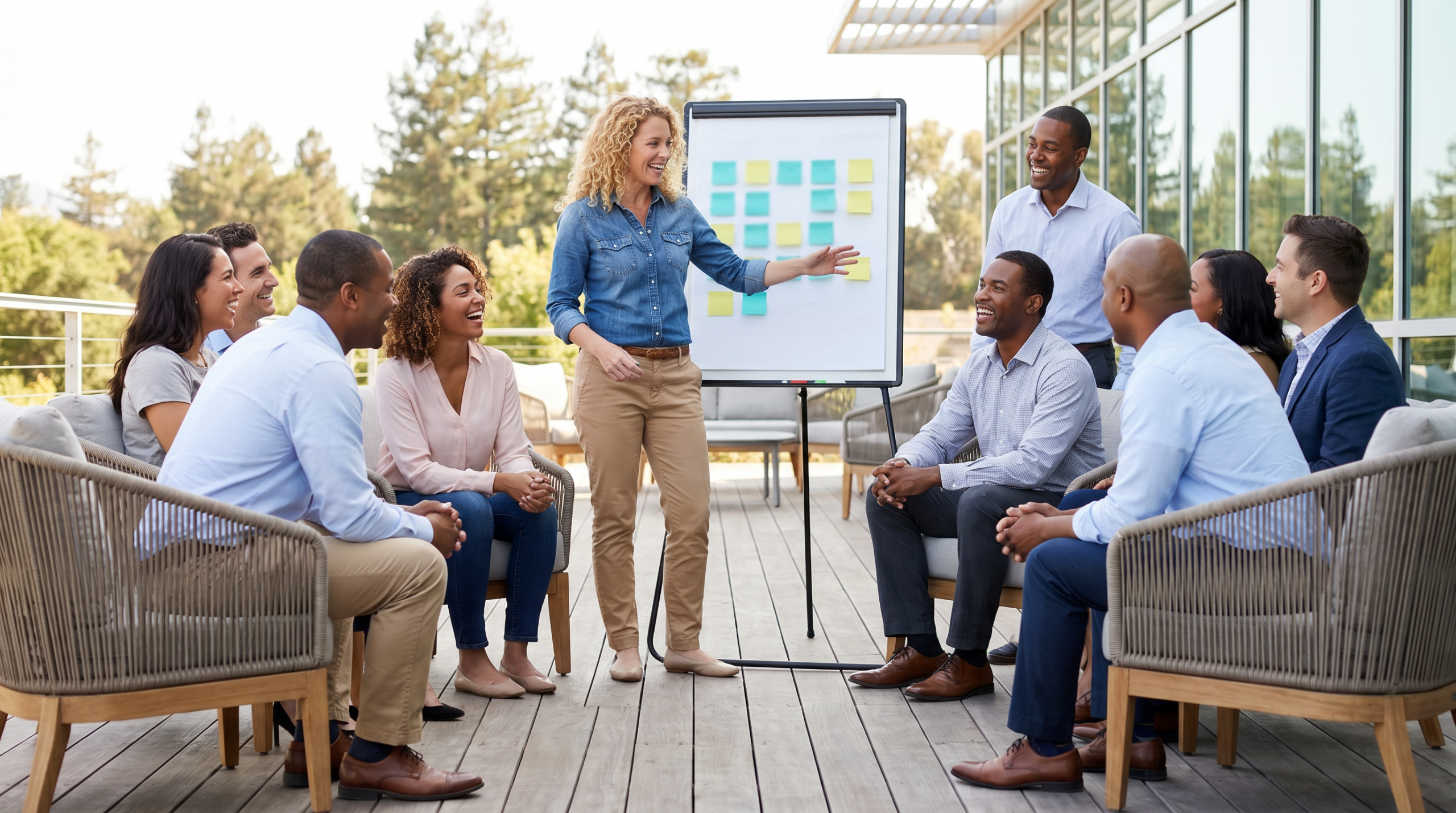 A leadership team adjusting their strategy in a down economy by reviewing a strategy map and marking which priorities stay funded